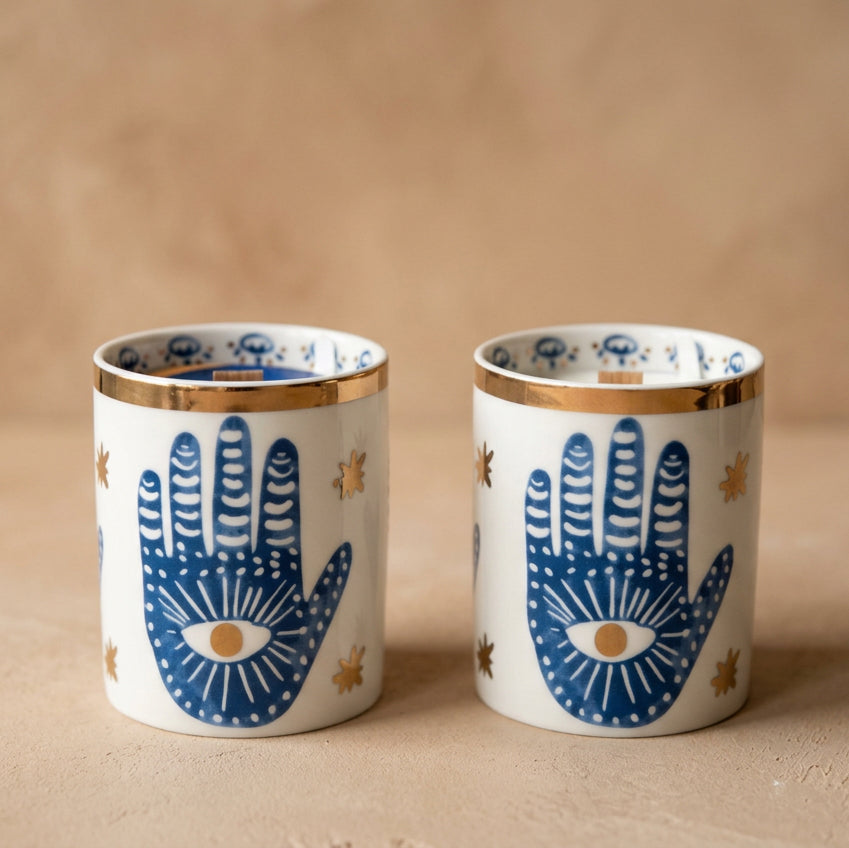 Gold & Blue White Ceramic Hamsa Scented Candle: Hinoki & Sandalwood