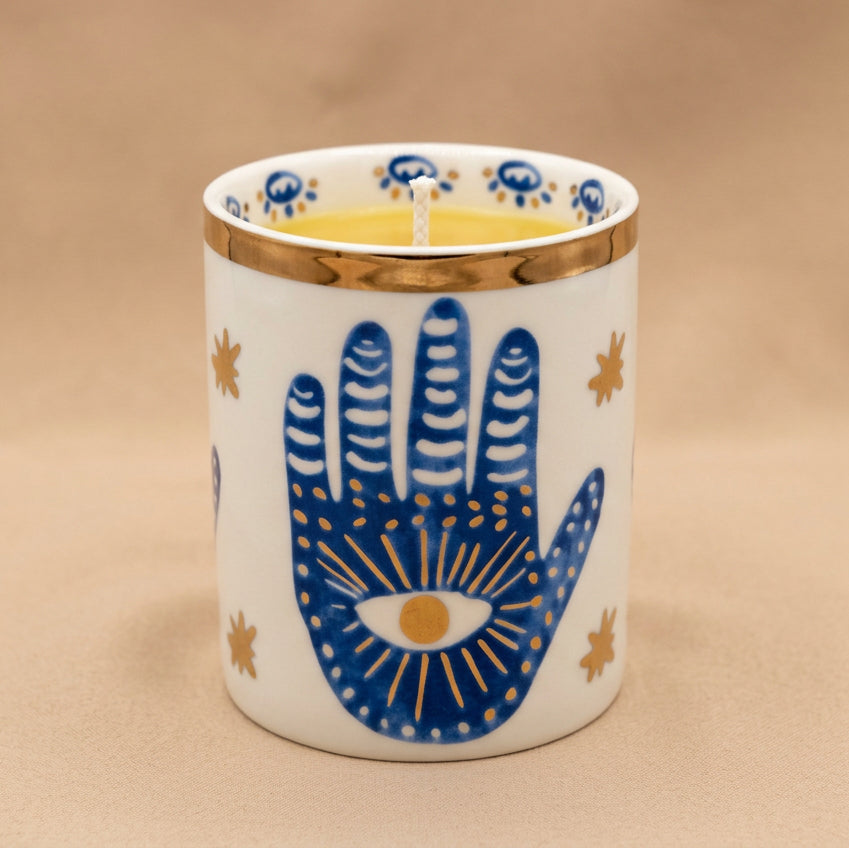 Gold & Blue White Ceramic Hamsa Scented Candle: Hinoki & Sandalwood