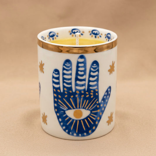 Gold & Blue White Ceramic Hamsa Scented Candle: Hinoki & Sandalwood