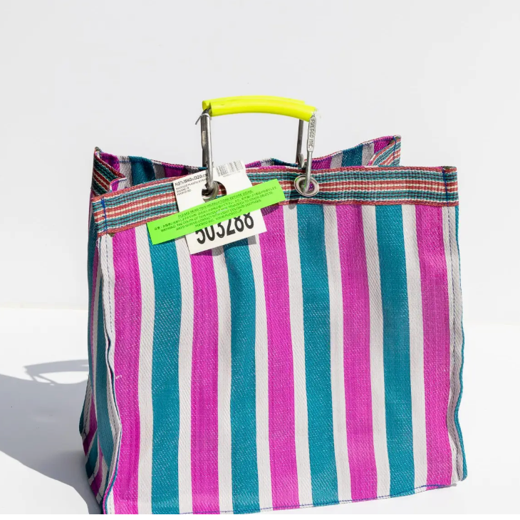 Square Recycled Plastic Stripe Bag - Green x Pink