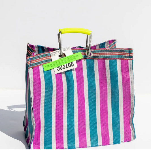 Square Recycled Plastic Stripe Bag - Green x Pink