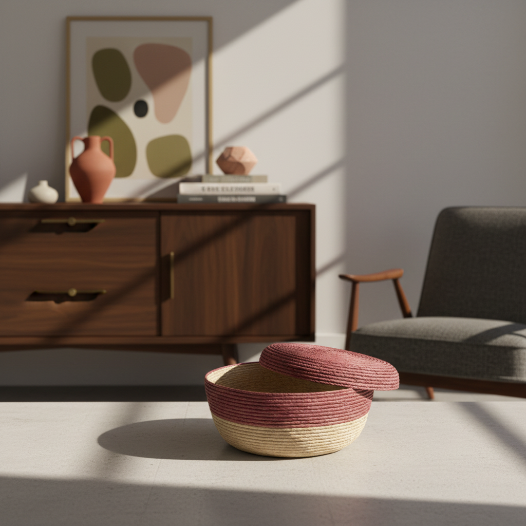 Tortillero with Lid in artsy setting with designer furniture